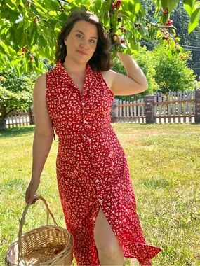 Red Floral Button Front Midi Dress 🌸Cottage core